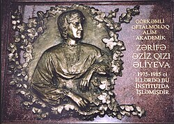 Azərbaycan Milli Elmlər Akademiyasının A.İ.Qarayev adına Fiziologiya İnstitutunun qarşısında akademik Zərifə Əliyevanın barelyefi