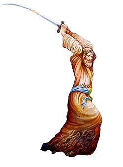 "İmam Əlinin şəhadəti" əsərində ibn Mülcəmin təsviri. Müəllif: Yusif Əbdinicat.