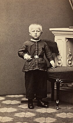  an unsmiling fair-haired child stands upright, his left hand resting on a stool, in front of an ornate fireplace.